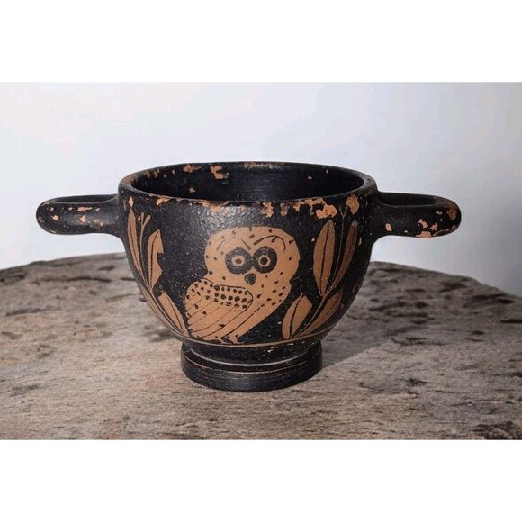 Vintage Greek Attic Owl Skyphos Vase Museum Copy Handmade Artist Signed Number 1 - Picture 1 of 6